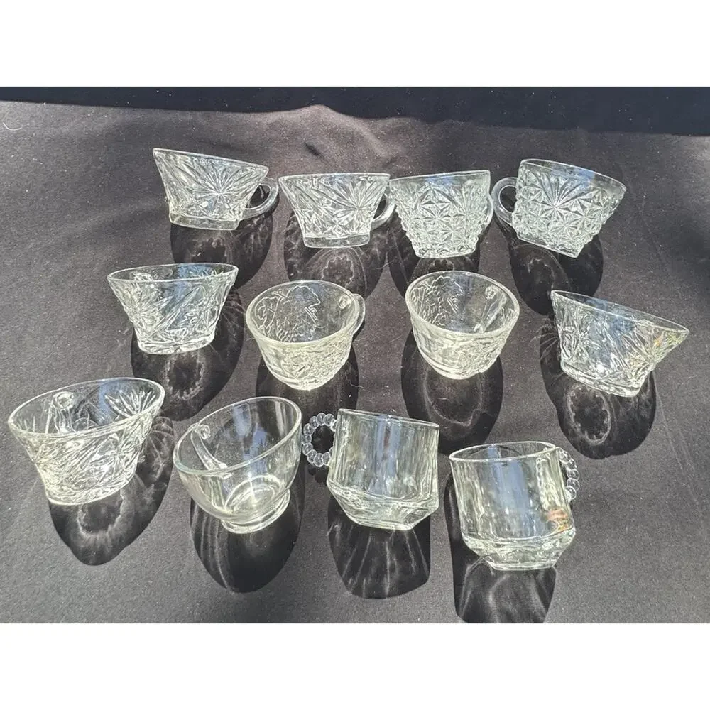 12 Vintage Clear Pressed Glass Punch Bowl Cups -Cups Only- Mixed Variety -10/13